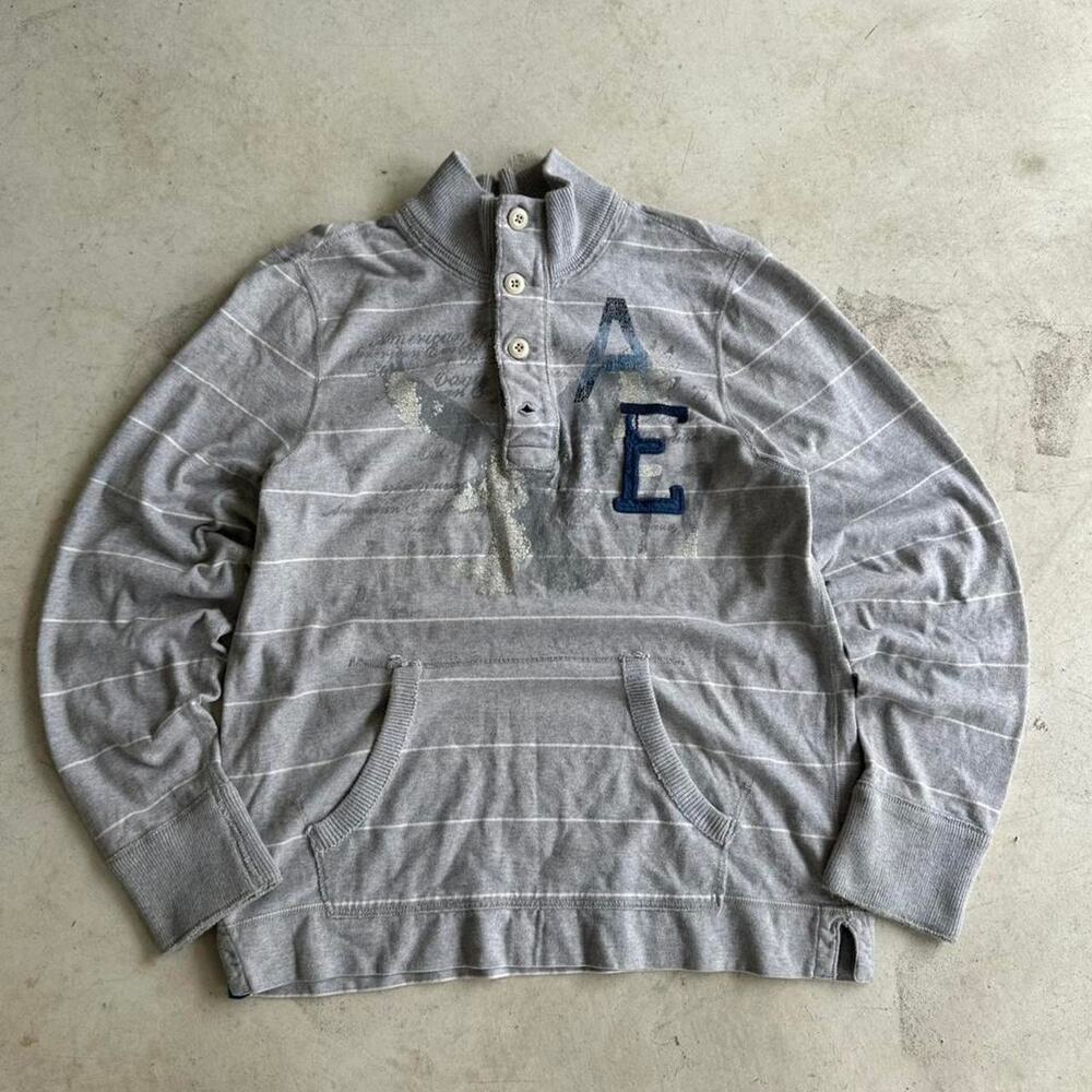 Vintage 00s y2k American Eagle Grey Striped Henley Sweatshirt Size XL
